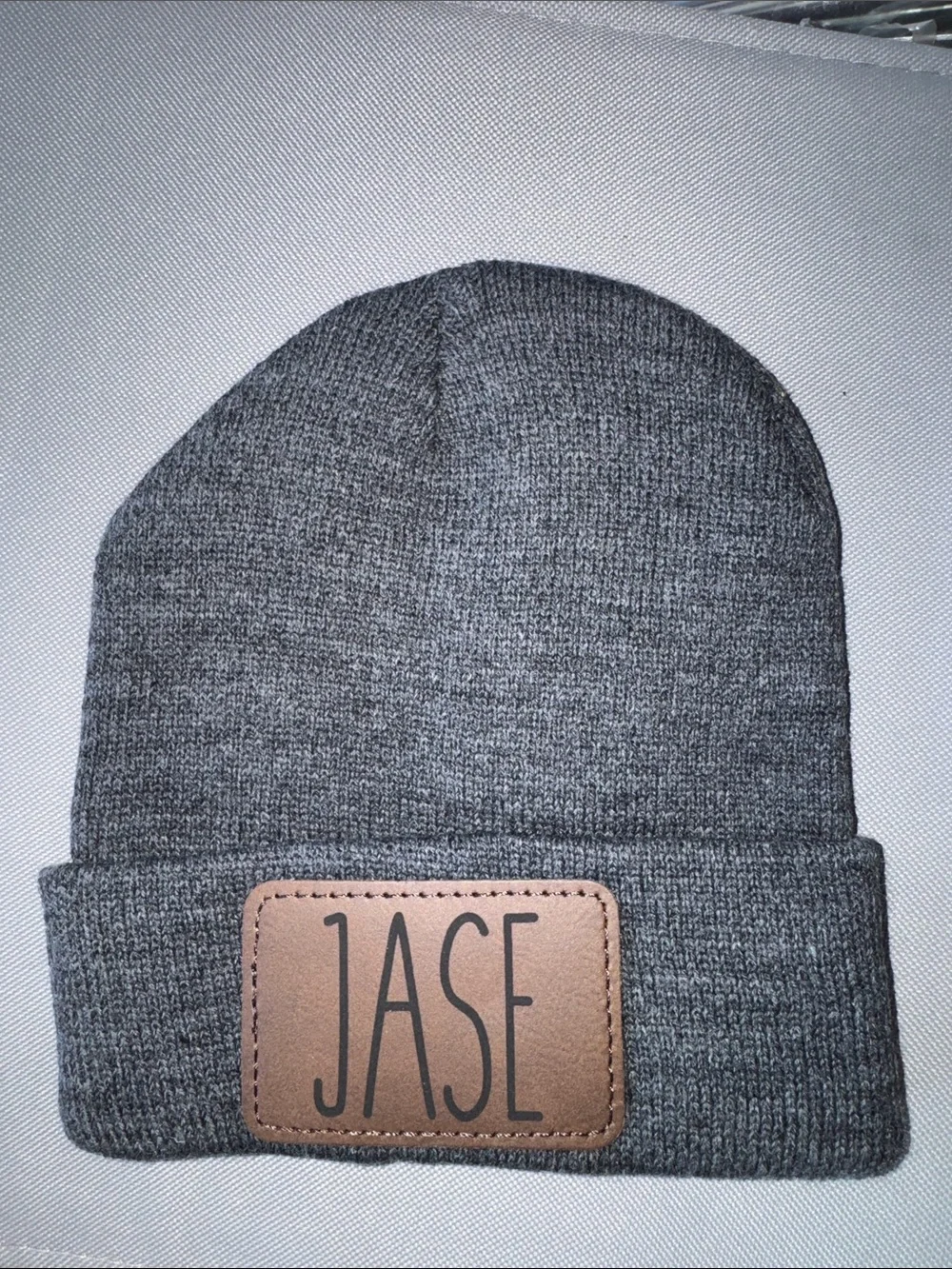 Gray Knit Beanie with JASE Leather Patch